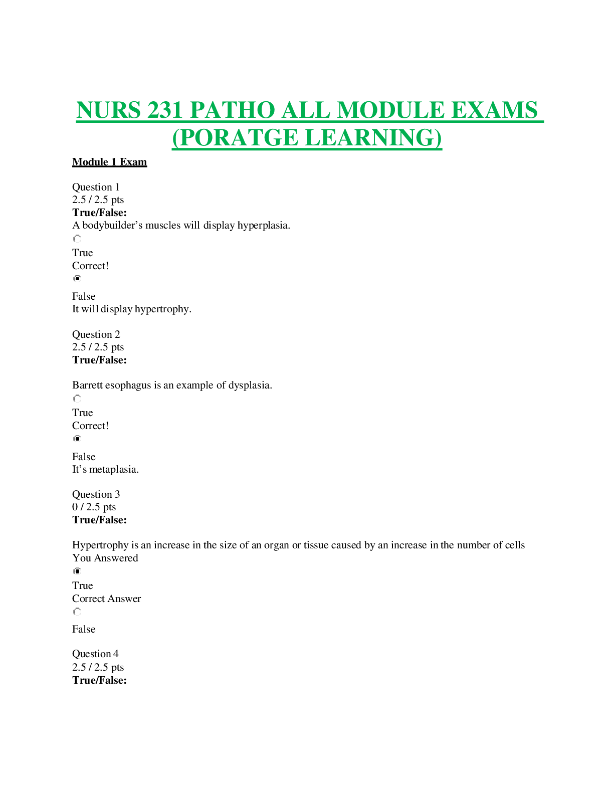 Preview image for PORTAGE LEARNING NURS 231 ALL MODULES EXAMS PATHO REVIEW QUESTIONS AND ANSWERS COMPLETE GUIDE|100% VERIFIED